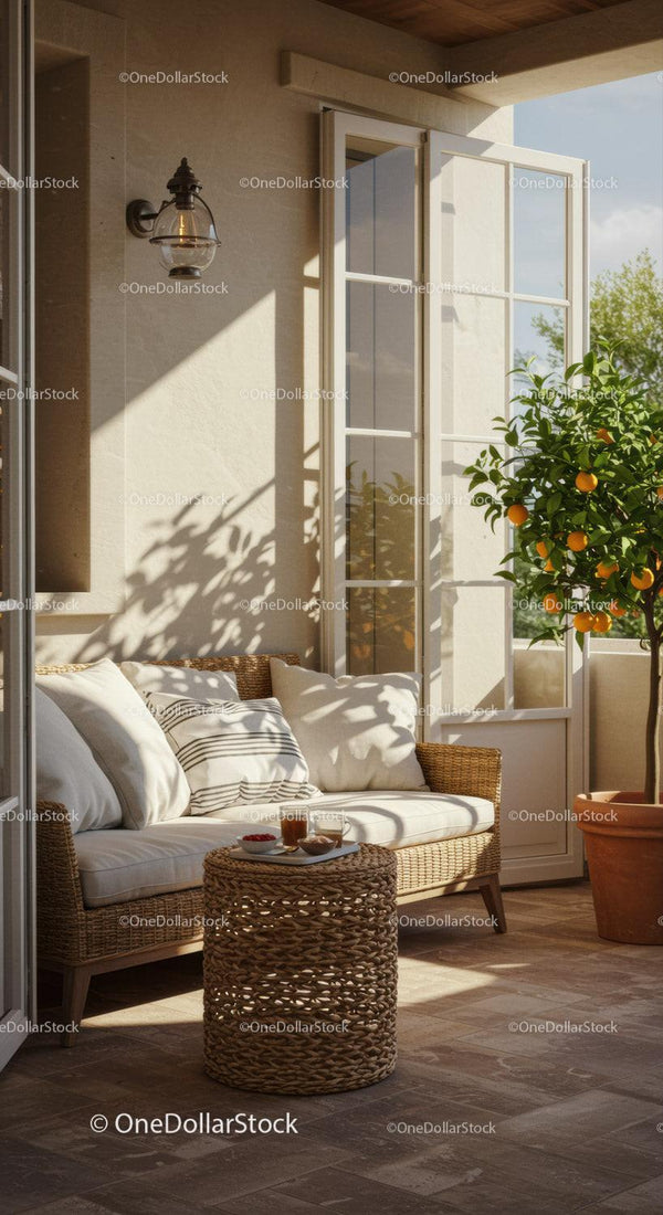 Cozy sunlit patio with wicker sofa and orange tree