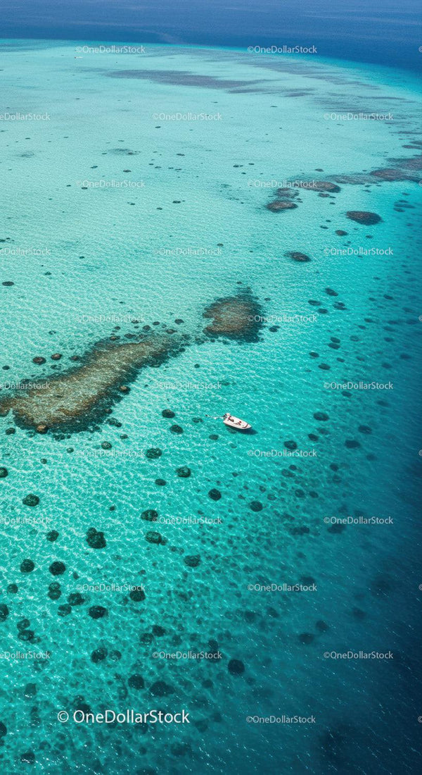 Turquoise Ocean with Coral Reefs and Small Boat Under Sunny Sky