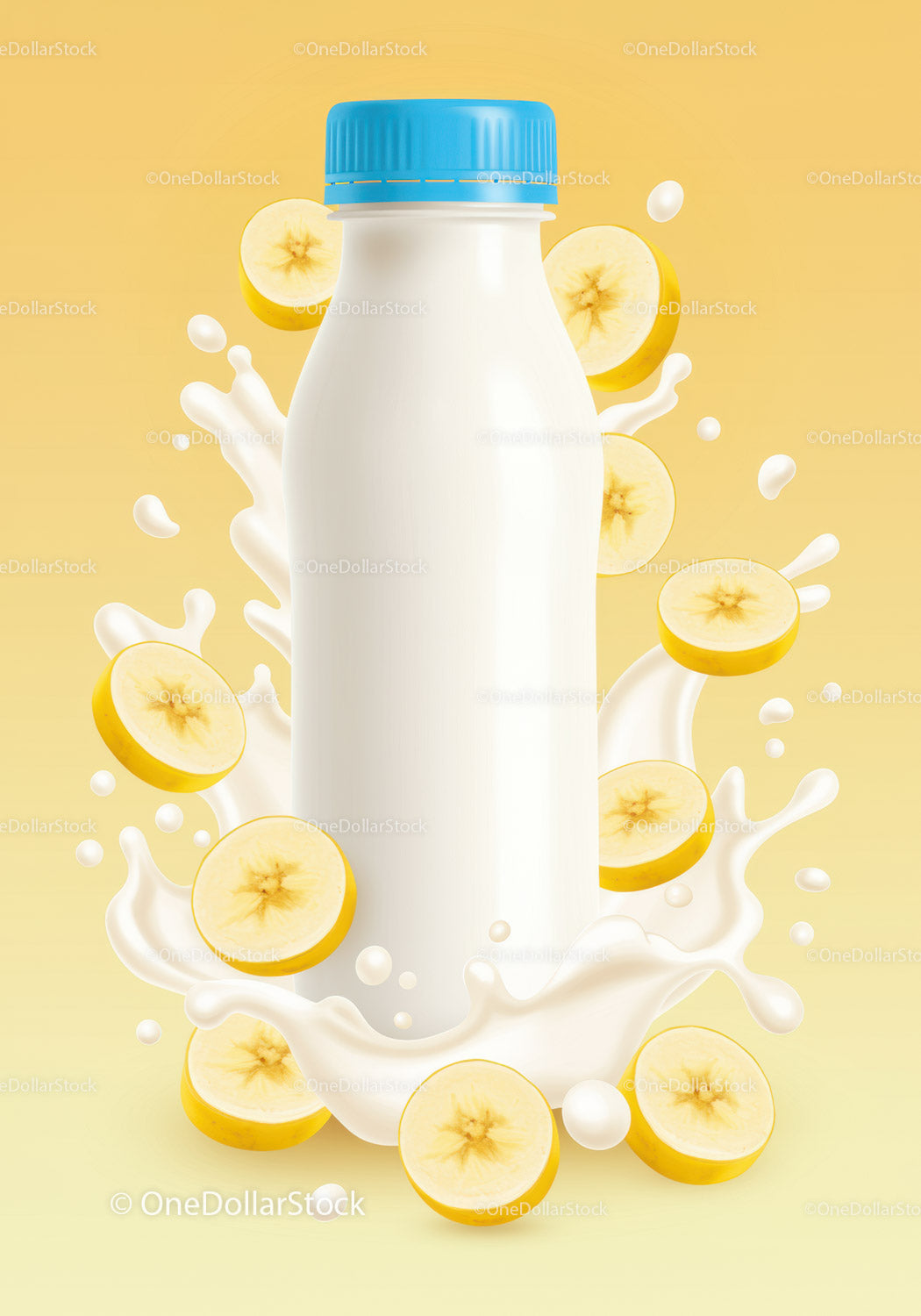 Plasterki banana z rozpryskującym się mlekiem i butelką