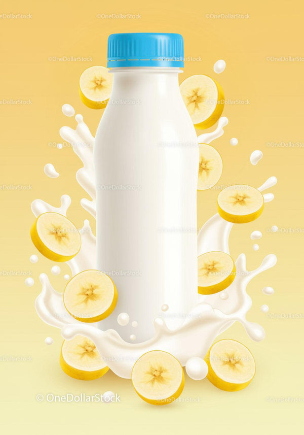 Banana slices with milk splash and bottle JPG Mockup Image
