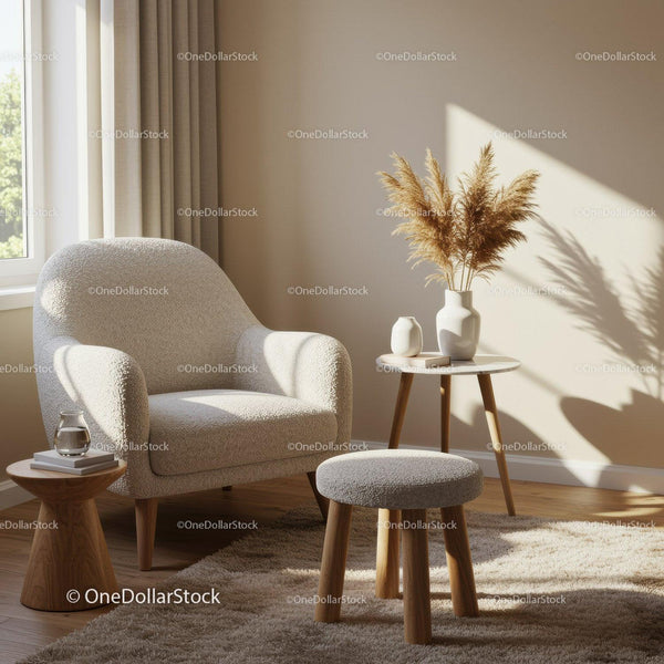 Cozy armchair with decorative vase in sunlit corner