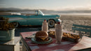 Beachside Cheeseburger French Fries and Milkshake with Classic Car
