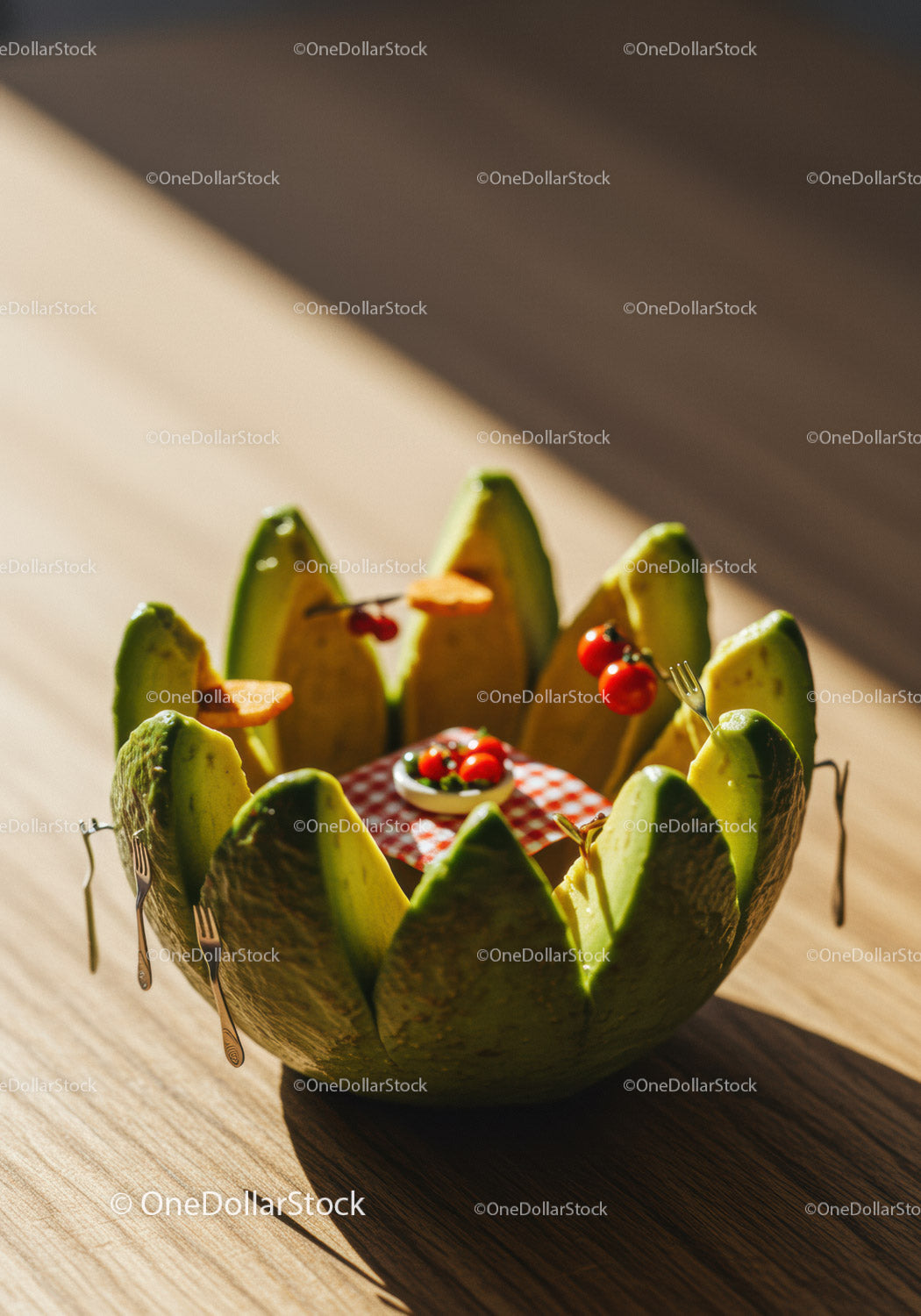 Creative Avocado Slice Bowl with Miniature Picnic Scene