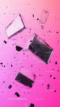 Falling Ice Cubes with Splash Effect Over Pink Gradient Background