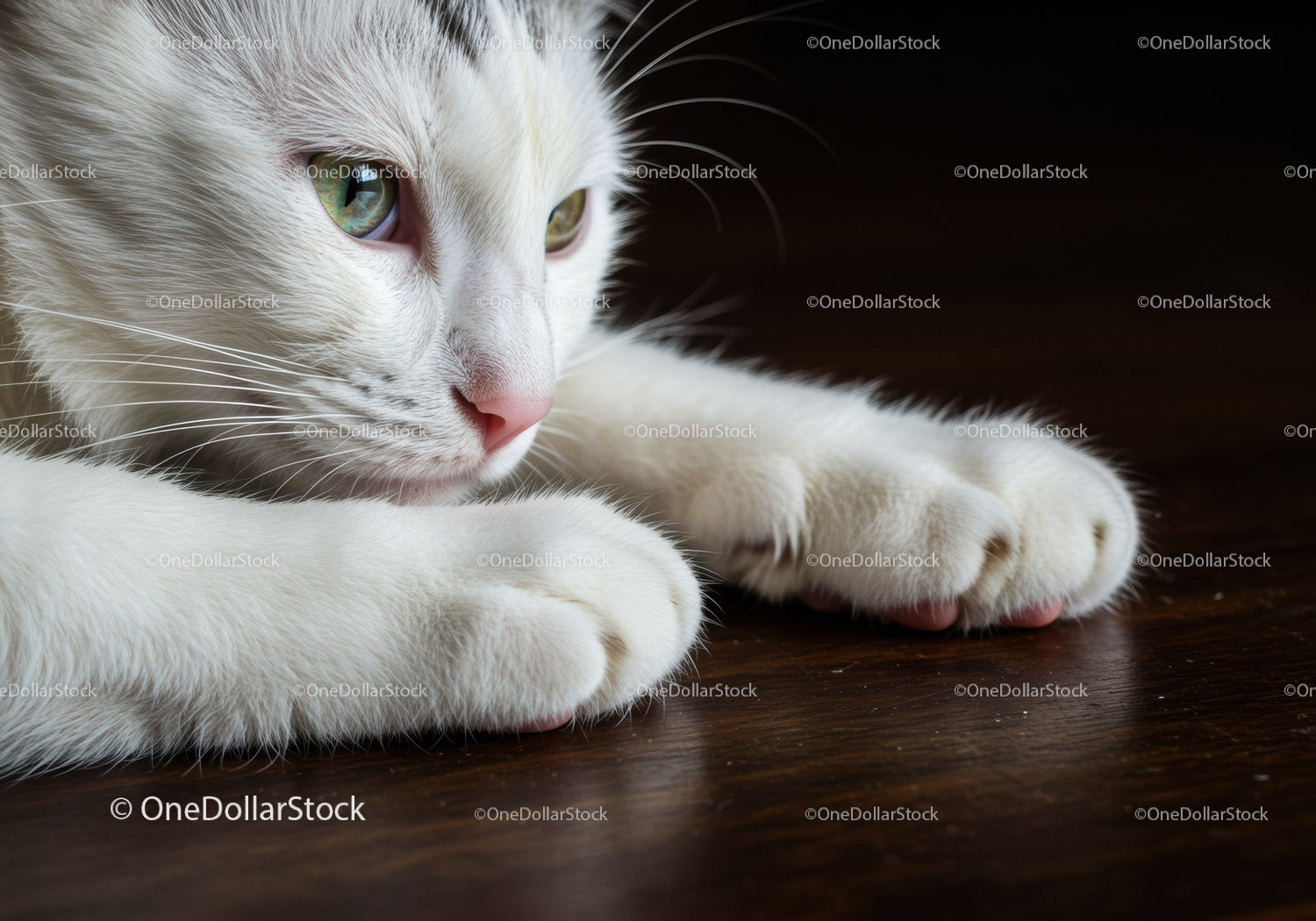 Close up of serene white cat resting paws on wooden surface