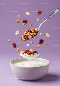 Granola and yogurt splash with nuts on purple background