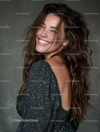 Portrait of a Smiling Woman in a Sparkly Black Dress with Gold Details