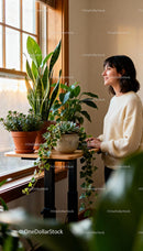Young woman admiring indoor plants by window light