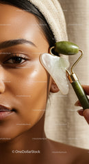 Close-up of a woman with glowing skin using a jade roller for facial massage