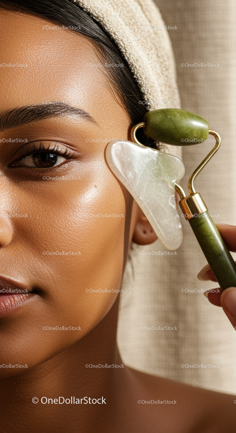 Close-up of a woman with glowing skin using a jade roller for facial massage