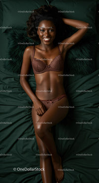 Confident woman relaxing on bed in brown lingerie set
