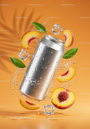 Refreshing Silver Can Surrounded by Peach Slices and Ice