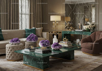 Elegant Living Room with Amethyst Crystal Décor and Green Marble