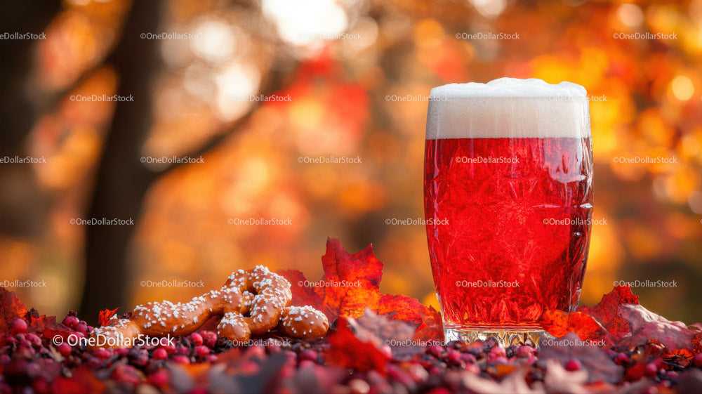 Red Beer with Frothy Foam Among Autumn Leaves and Gingerbread Cookies