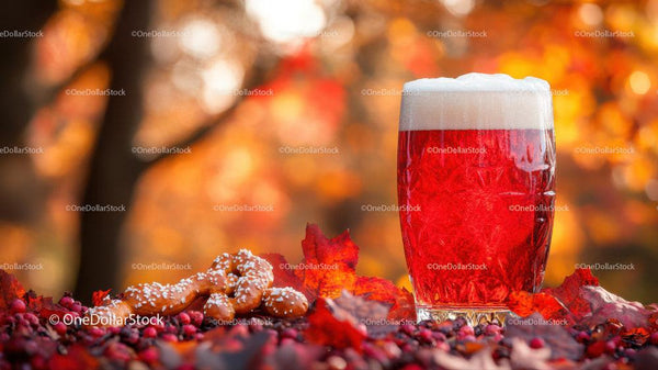 Red Beer with Frothy Foam Among Autumn Leaves and Gingerbread Cookies