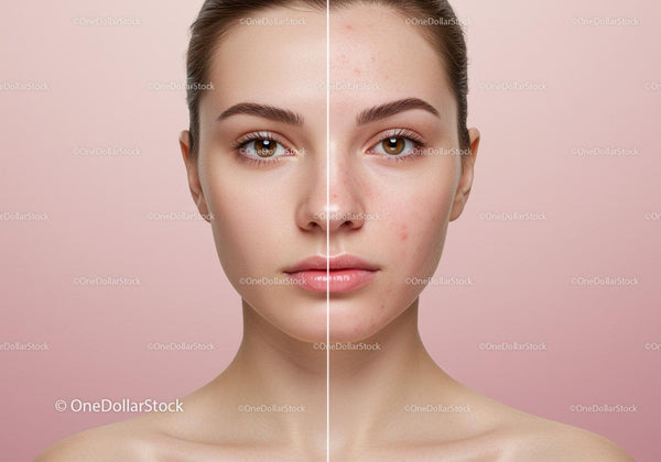 Portrait of a Young Woman with Clear and Acne-Prone Skin Side by Side
