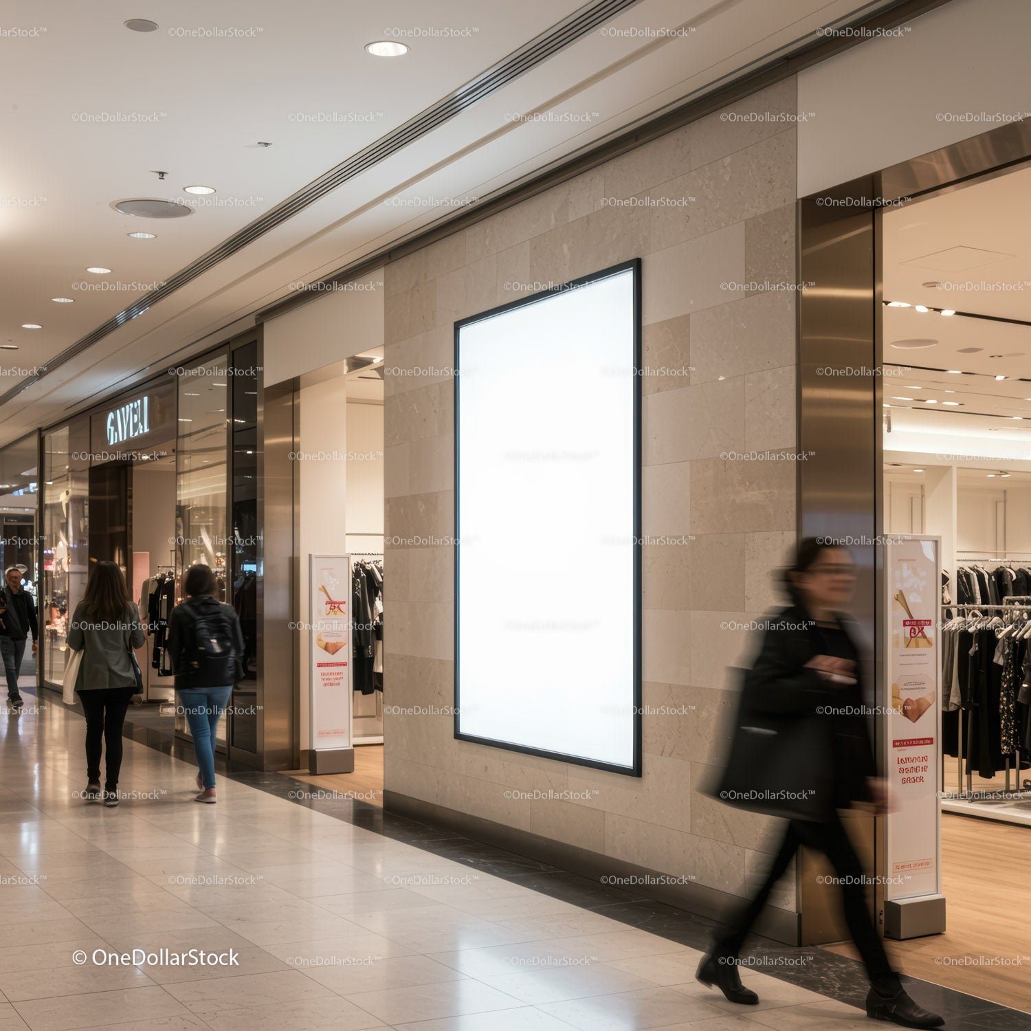 Modern shopping mall corridor with illuminated blank poster