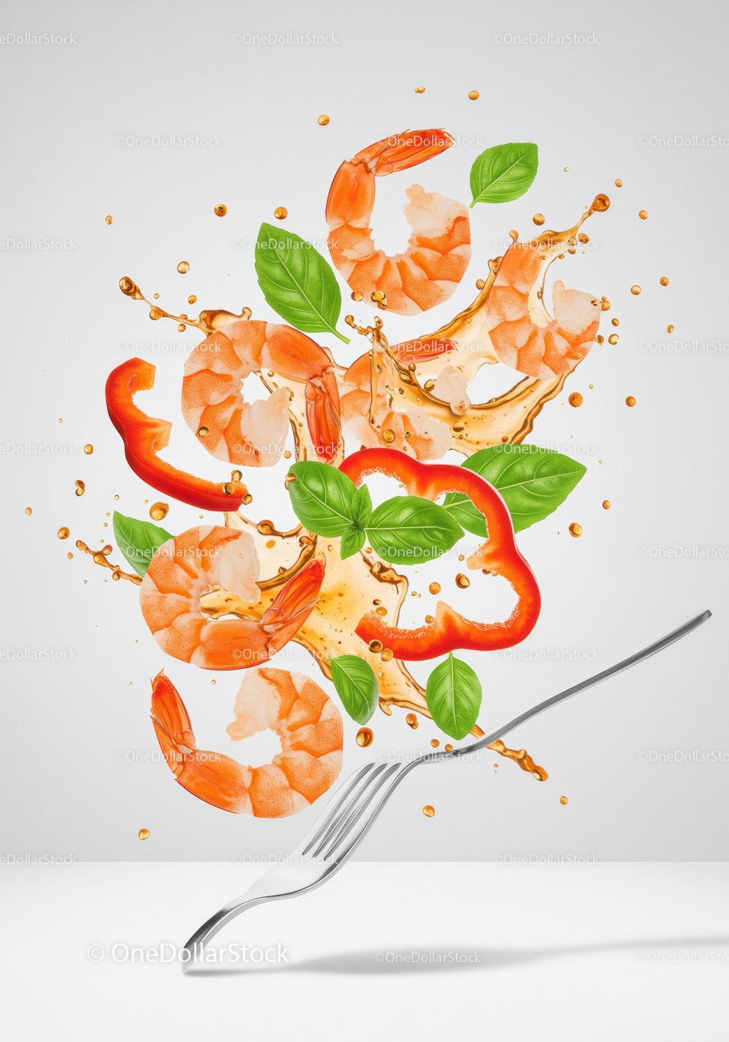 Fresh shrimp and basil with splashing sauce and fork