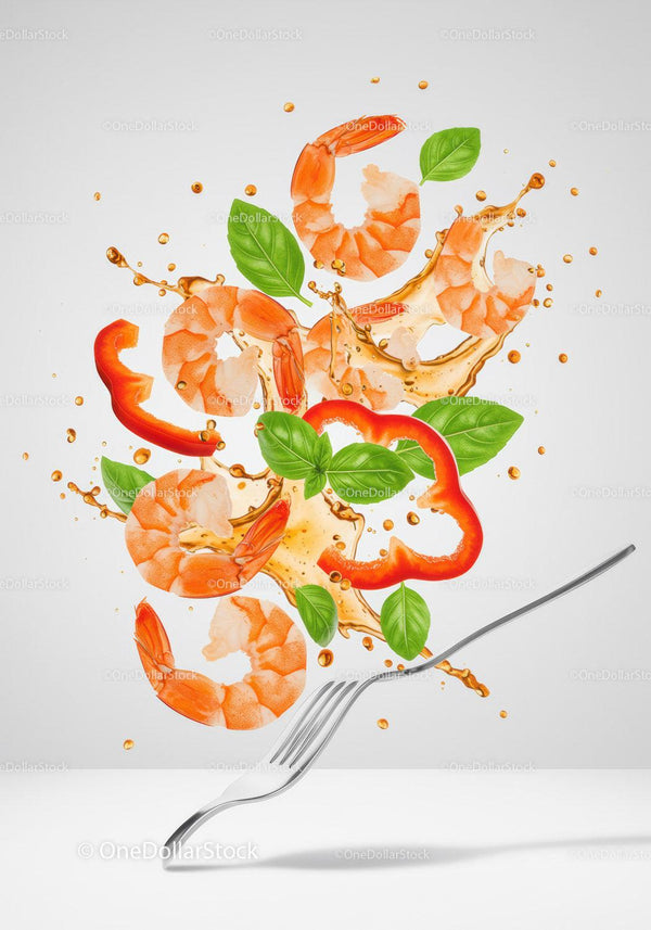Fresh shrimp and basil with splashing sauce and fork