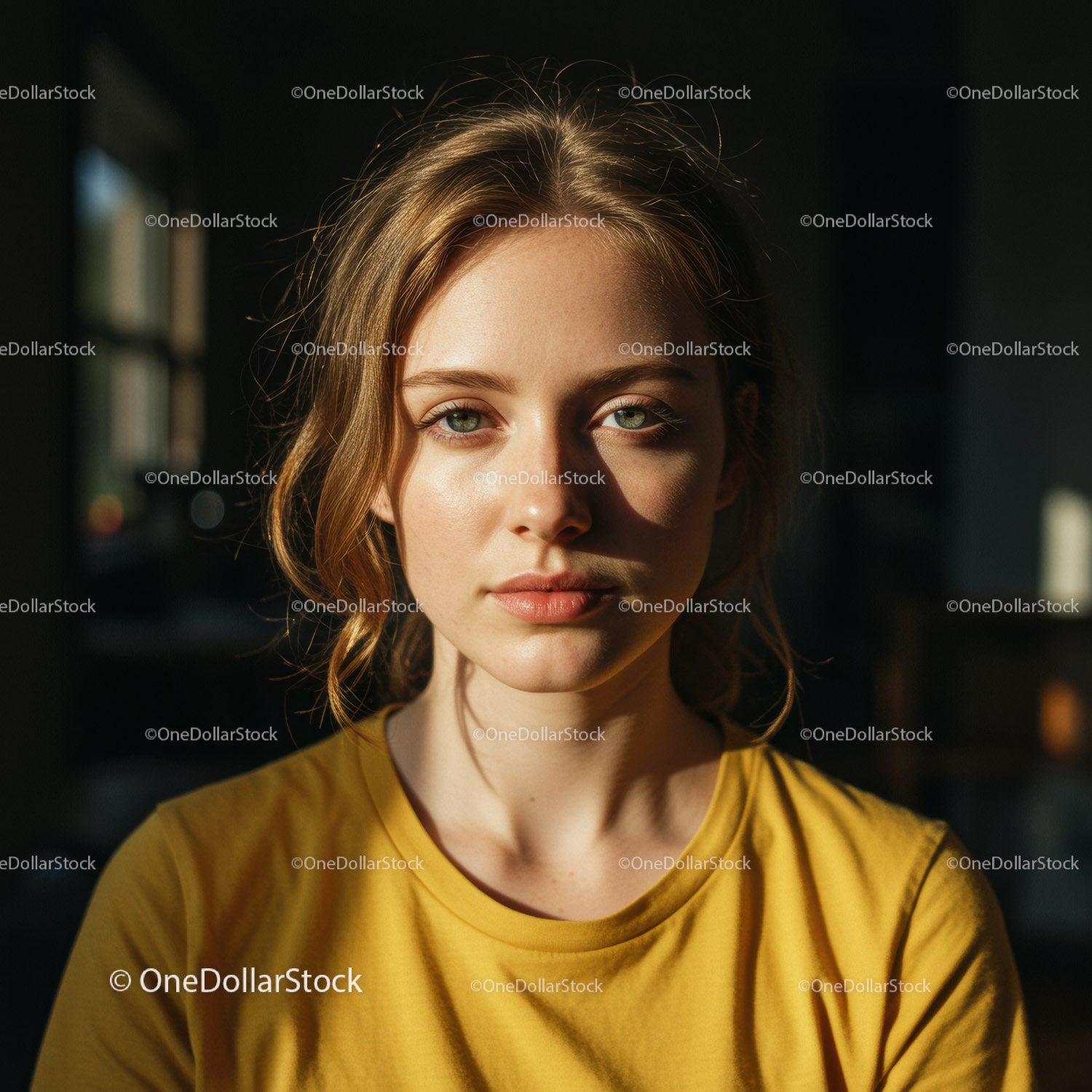 Portret młodej kobiety o zielonych oczach w ciepłym świetle wnętrza