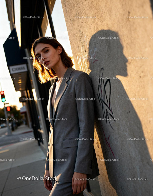Young woman in elegant suit standing by urban wall
