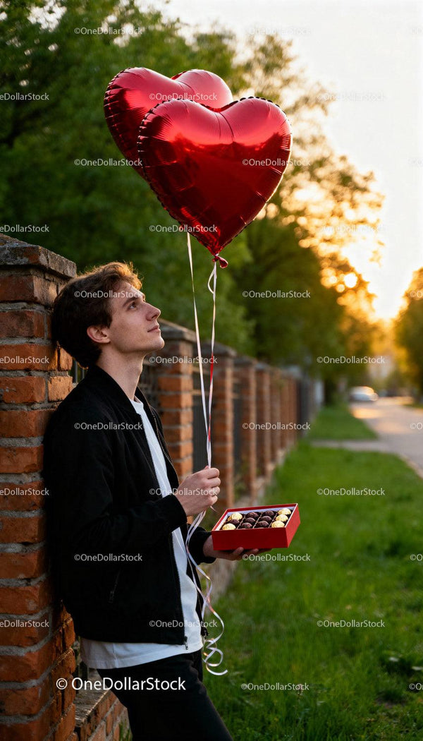 Young man holding heart balloons and chocolates at sunset