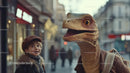 Child in Dinosaur Costume Smiling in Urban Street Scene