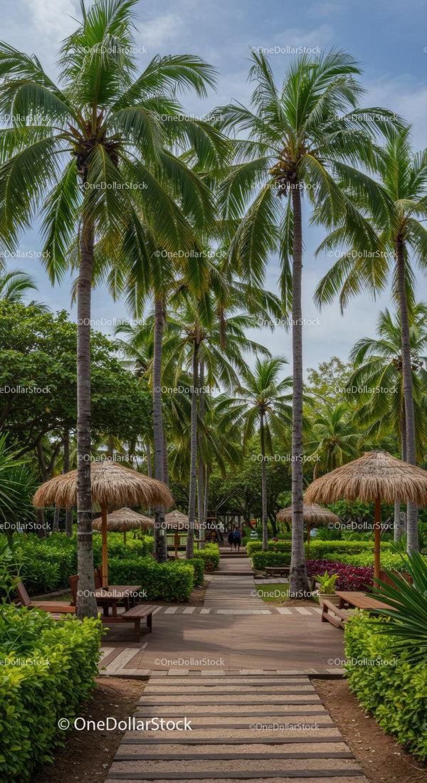 Tropical Garden Scene with Palm Trees and Thatched Umbrellas