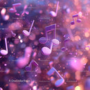 Colorful Music Notes and Party Confetti with Pink Purple Bokeh Background