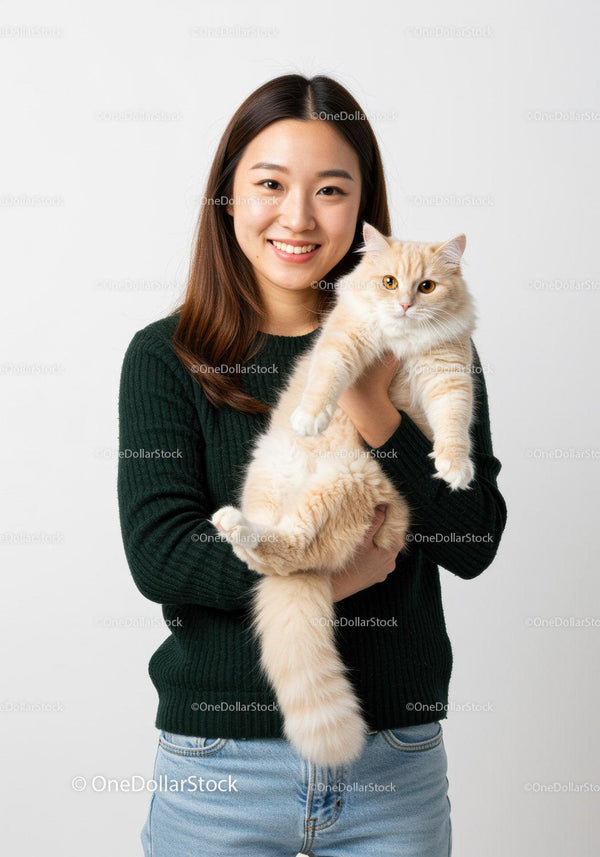 Smiling woman holding fluffy cream cat indoors