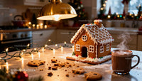 Cozy Kitchen Scene with Gingerbread House and Hot Cocoa