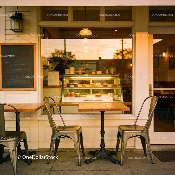 Cozy outdoor cafe seating at sunset with warm lighting