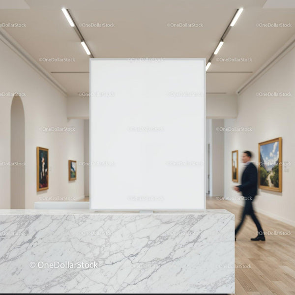Blank white canvas on marble pedestal in modern gallery JPG Mockup Image
