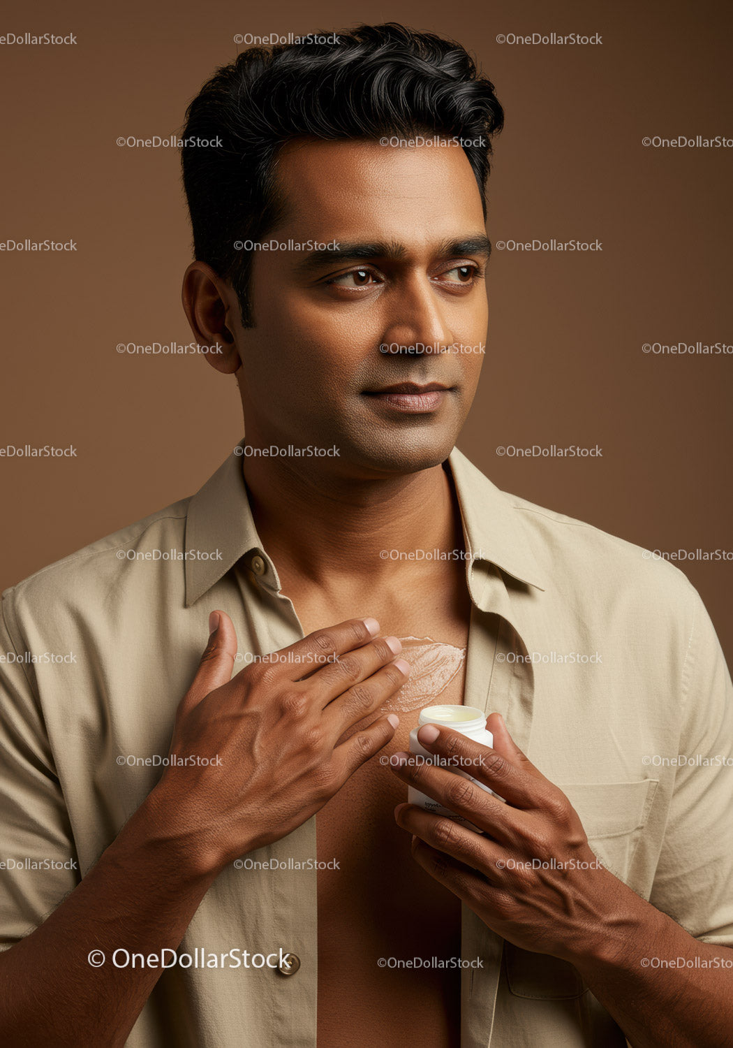 Elegant Man Applying Body Lotion for Skincare Routine with Moisturizer