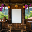 Cozy tropical cafe setting with blank frame and orchids