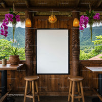 Cozy tropical cafe setting with blank frame and orchids