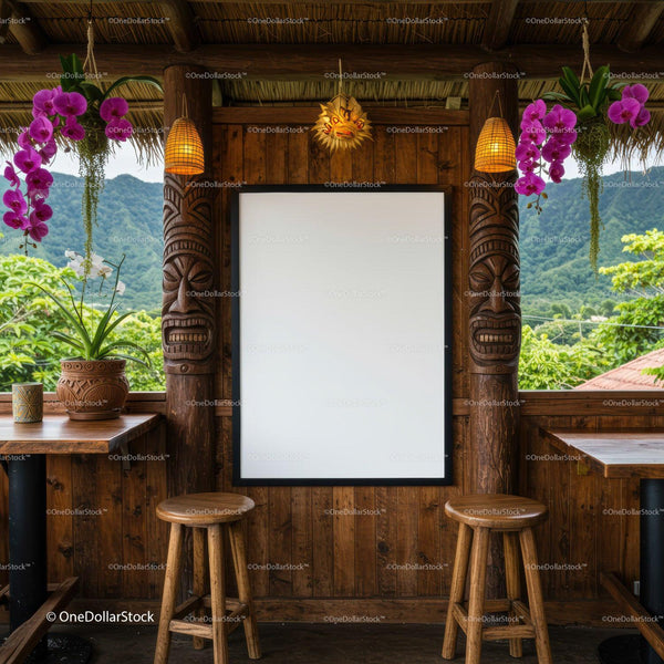 Cozy tropical cafe setting with blank frame and orchids JPG Mockup Image