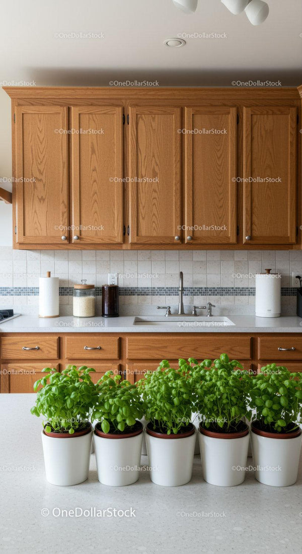 Modern Kitchen with Wooden Cabinets and Fresh Basil Plants