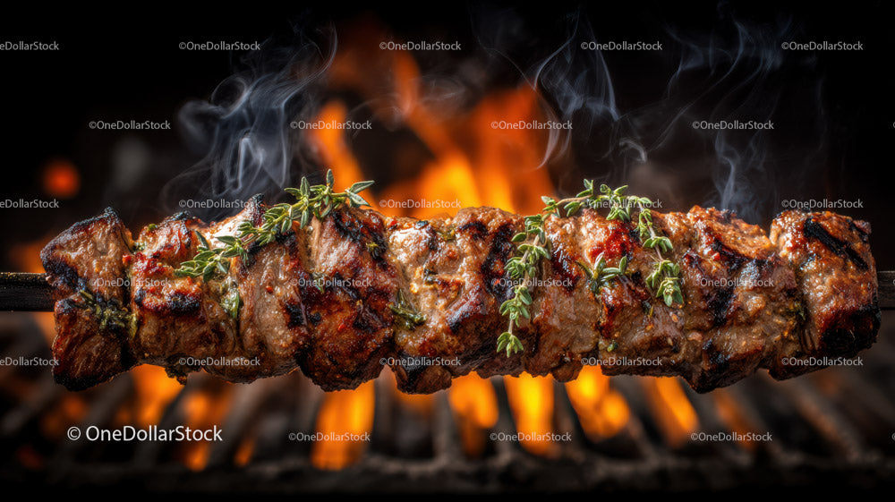 Colorful Grilled Meat and Vegetable Skewers on Barbecue Grill