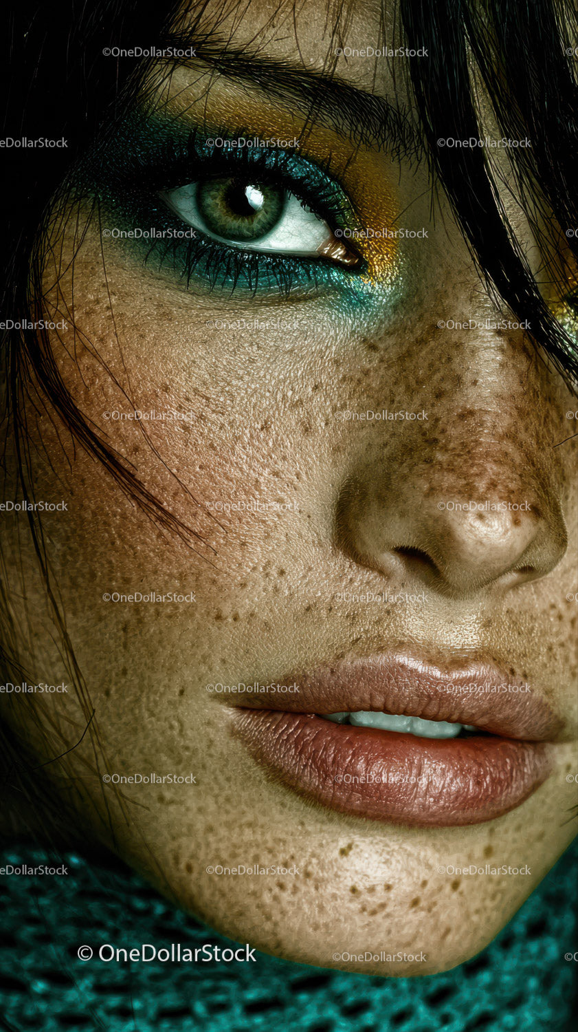 Close-up of Woman's Eye with Colorful Makeup and Freckles
