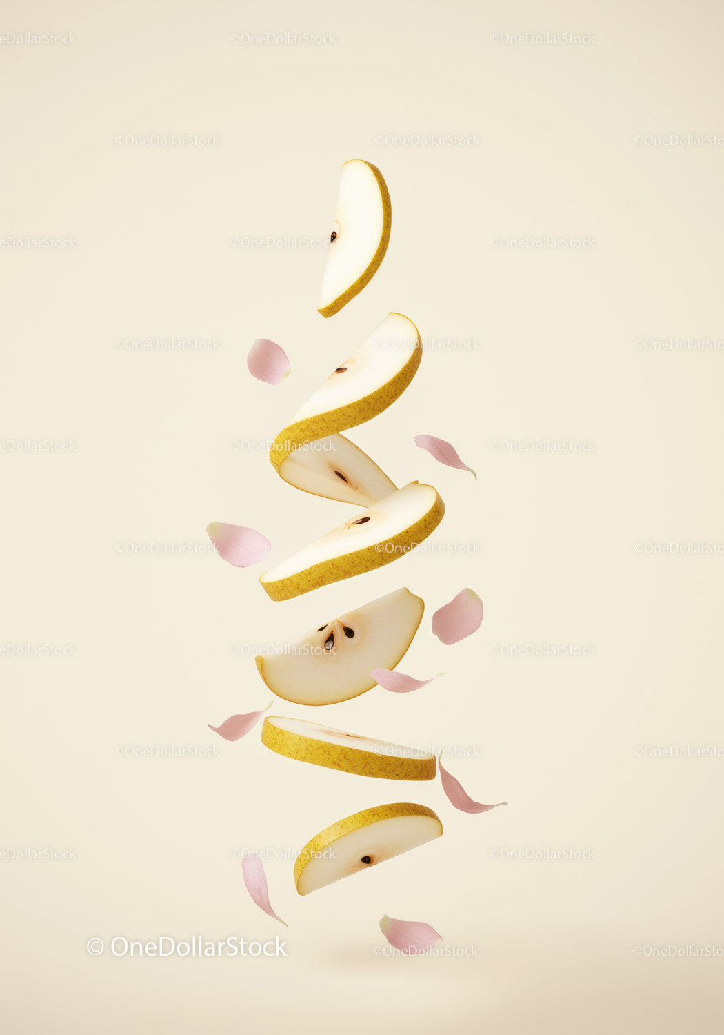 Floating Slices of Pear with Delicate Pink Petals