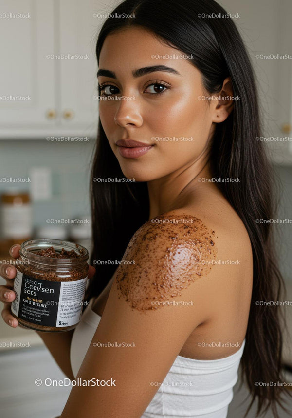 Young Woman Applying Coffee Body Scrub for Skin Care and Relaxation