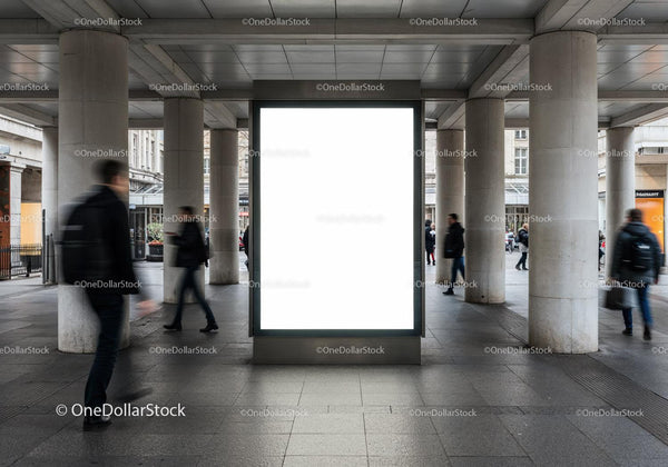 Blank Urban Advertising Board in Busy Pedestrian Passage JPG Mockup Image