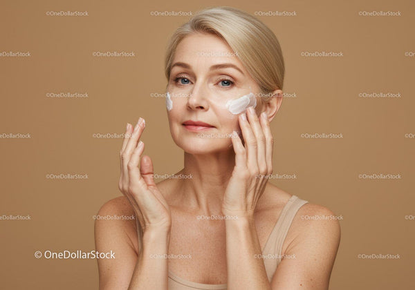 Elegant Mature Woman Applying Facial Moisturizer on Cheek