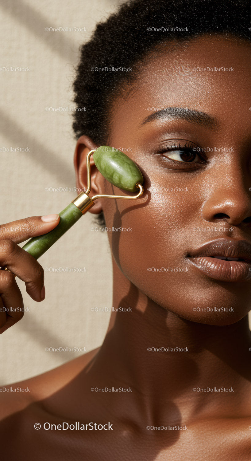 Beautiful Black Woman Using Jade Facial Roller with Natural Skin Glow