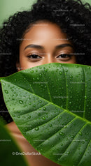 Close-up of Black Woman with Curly Hair Peeking Behind Tropical Leaf