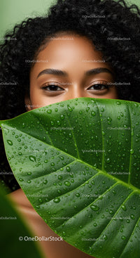 Close-up of Black Woman with Curly Hair Peeking Behind Tropical Leaf