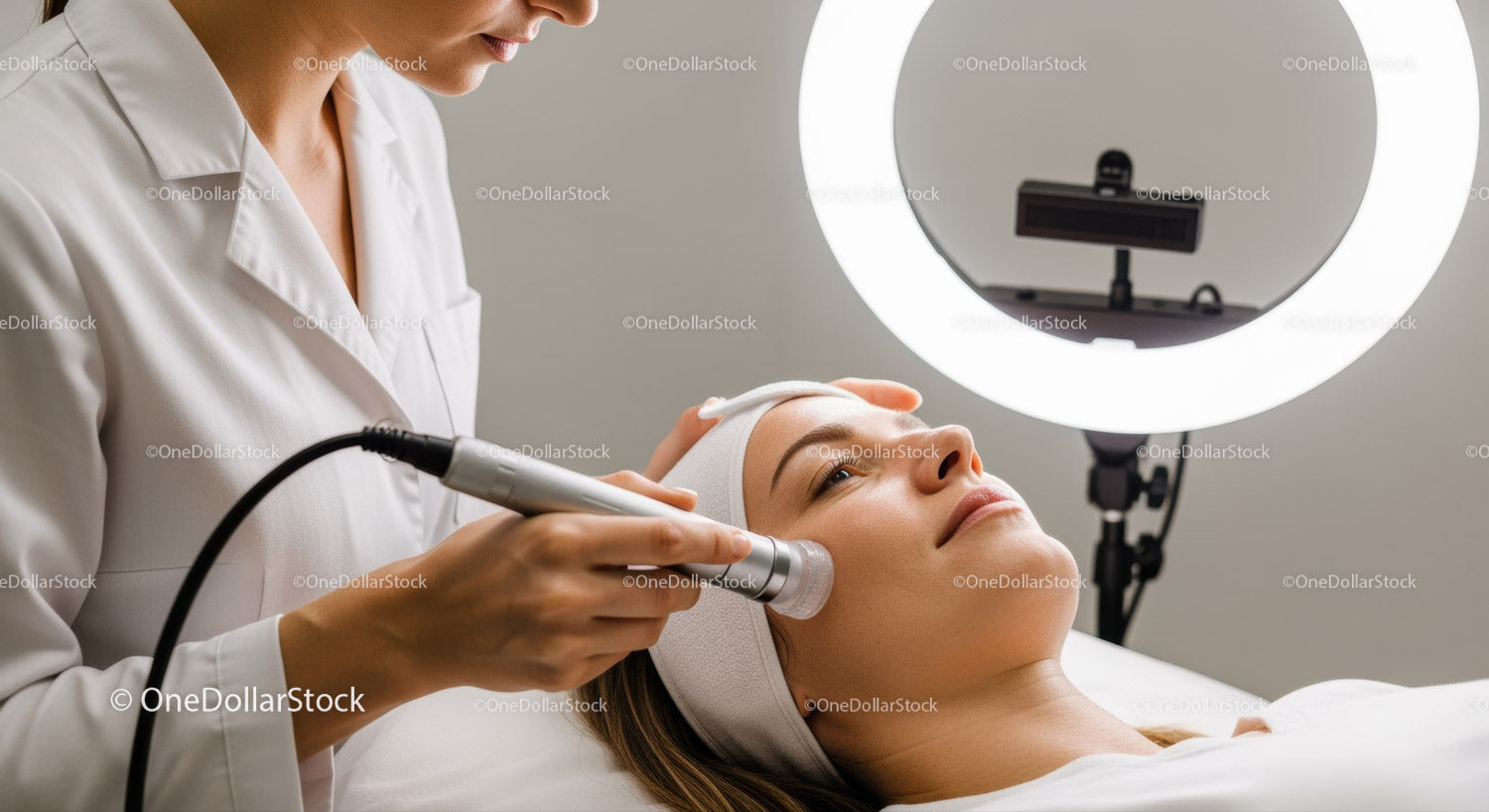Woman Receiving Professional Facial Treatment in Beauty Clinic