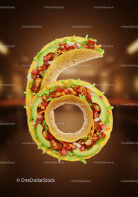 Number Six Made of Fresh Colorful Tacos with Avocado