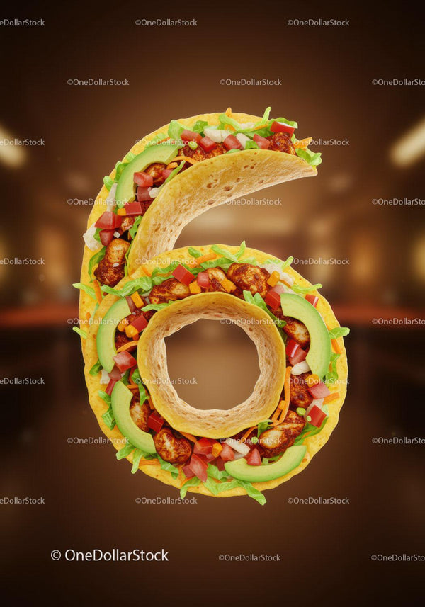 Number Six Made of Fresh Colorful Tacos with Avocado